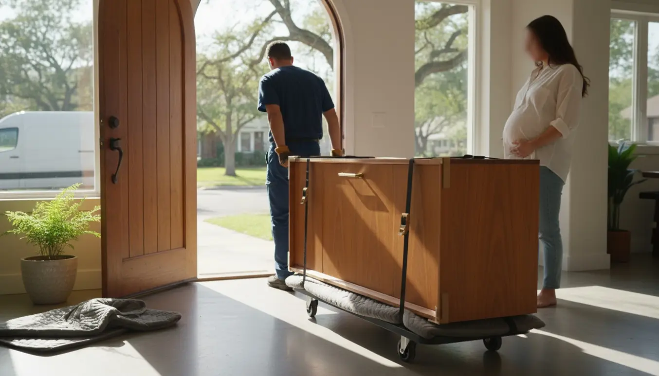 En teakskænk på en møbelkærre bæres ind i et hjem af en flyttemand, mens en højgravid person ser til.