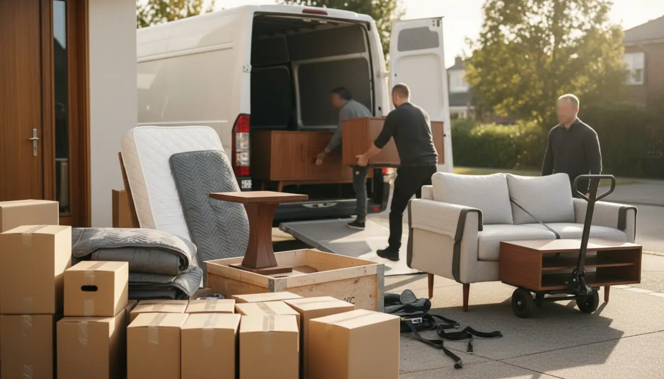 Flyttefolk læsser en 140 cm seng, skænke, sofa og mange flyttekasser ind i en flyttebil på en stille villavej.