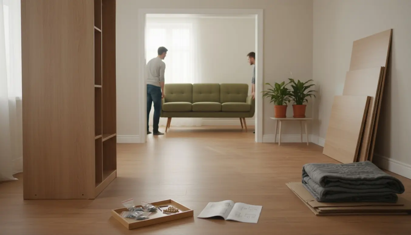 To personer bærer en sofa ind i en lys stue, mens en garderobe er halvmonteret med paneler og monteringsdele på gulvet.