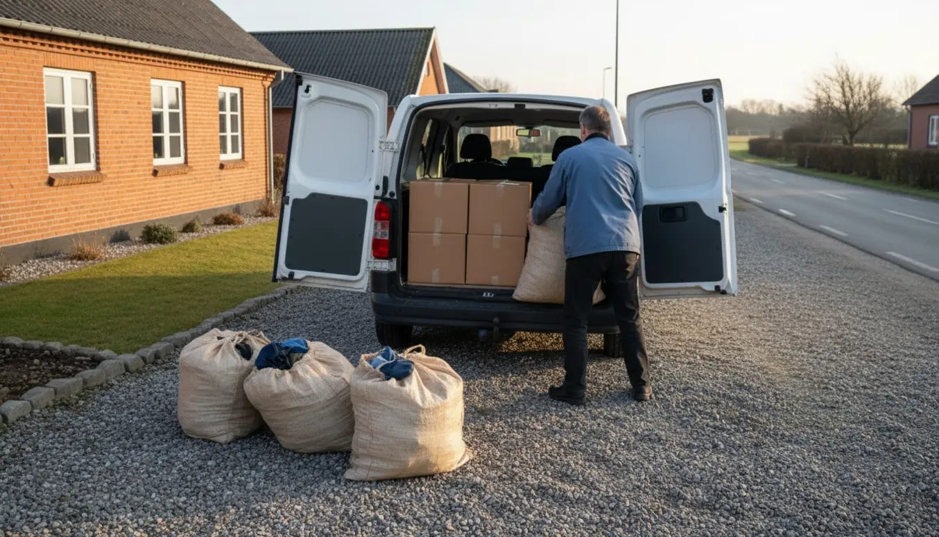 Åben varevogn på en dansk indkørsel med tre papkasser og tre sække tøj klar til afhentning.