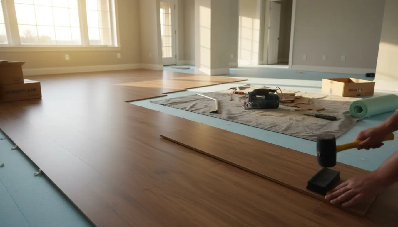 Tomt hus hvor laminatgulv er ved at blive lagt, med planker, underlag og værktøj klar.