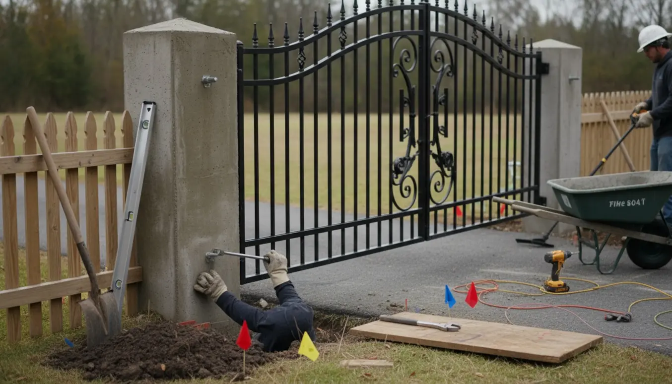 Bred smedejernsport monteres mellem to friskstøbte søjler med værktøj og markerede ledninger i jorden.