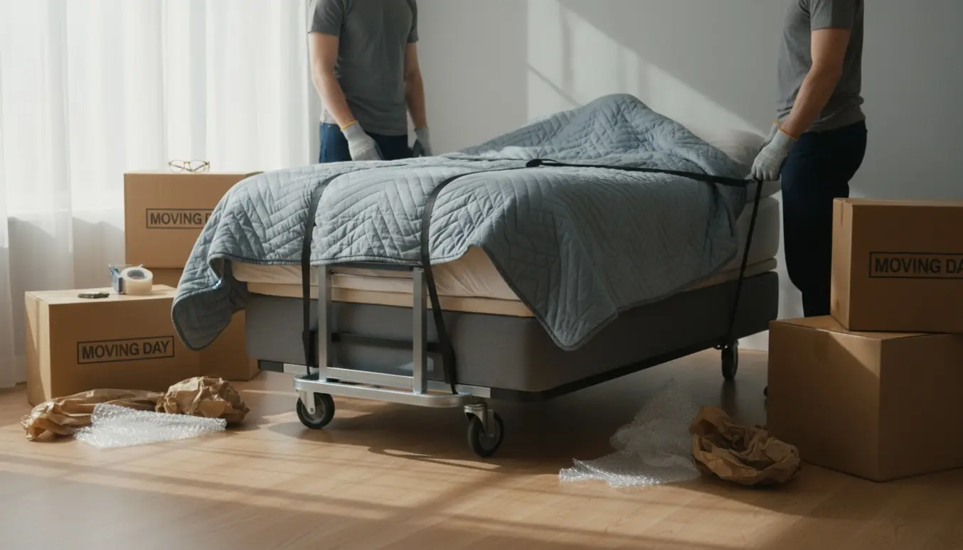 Flyttekasser og en indpakket elevationsseng i en lys lejlighed under en flytning.