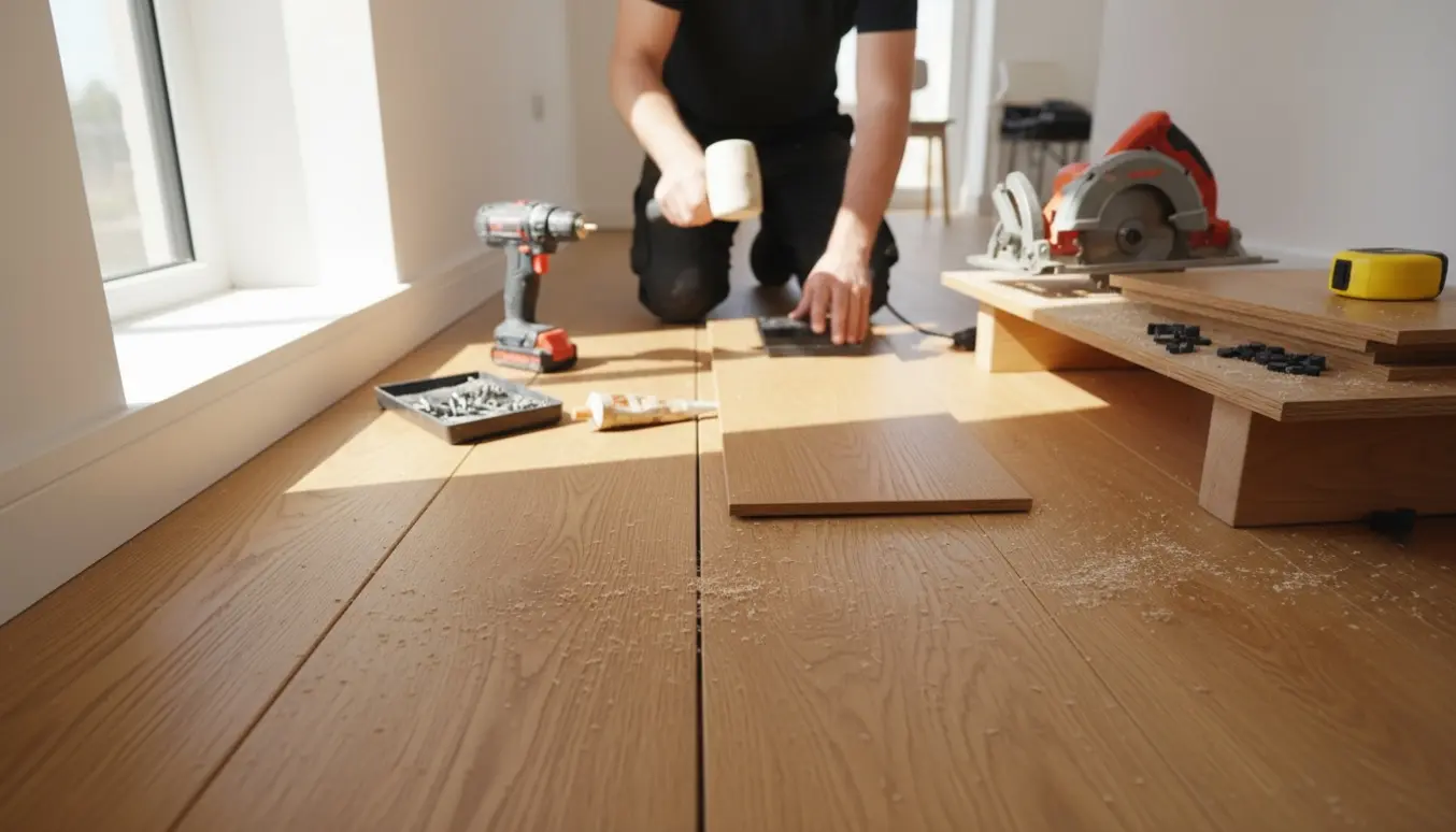 Færdiggørelse af trægulv i et solbeskinnet værelse med værktøj og restplanker.