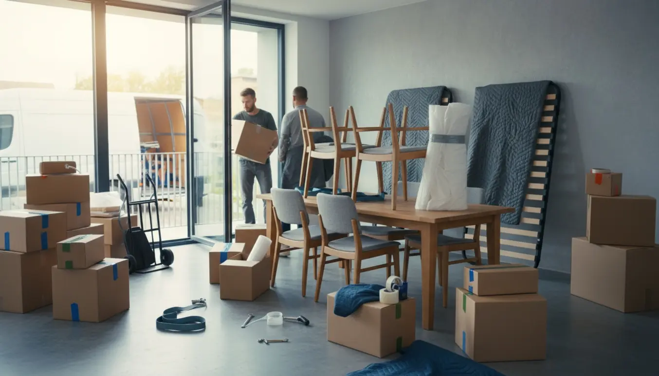 Lyse rum pakket til flytning med mange papkasser, to elevationssenge og et spisebord med seks stole.