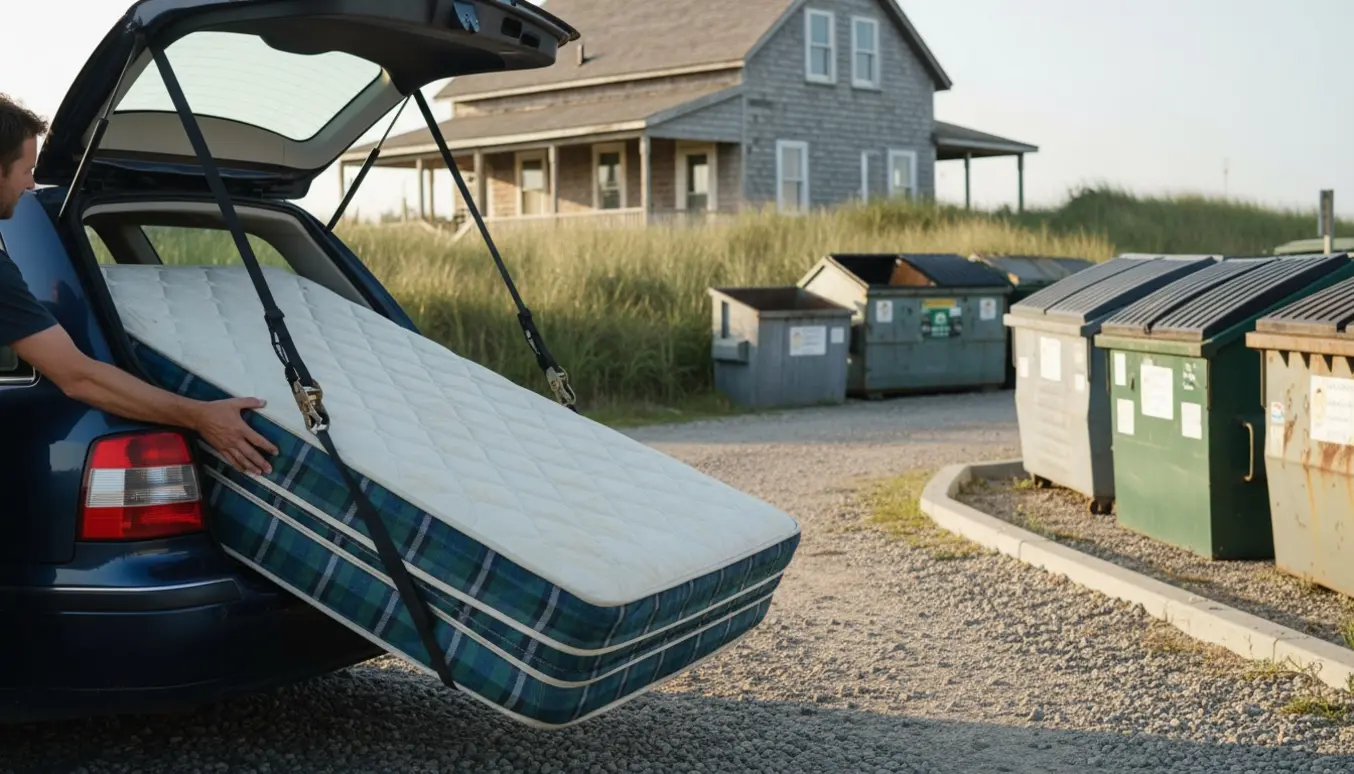 En bil læsser en lille dobbeltsengsmadras fra et sommerhus ved en genbrugsplads.