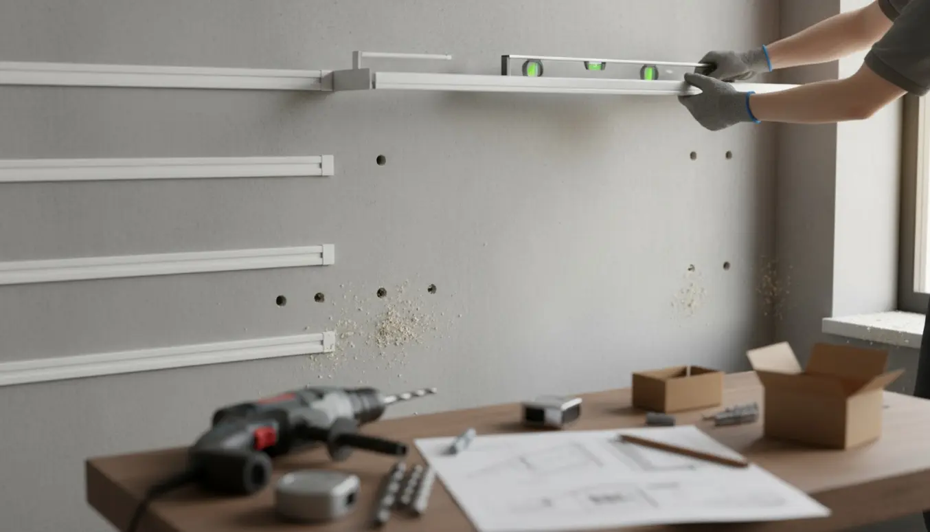 Nærbillede af montering af tre garderobeskinner på en betonvæg med slagboremaskine og værktøj lagt klar.