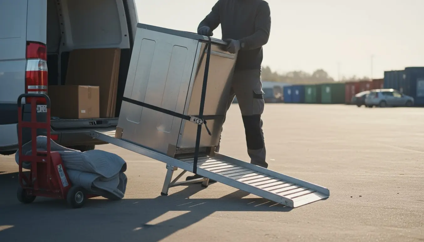 Opvaskemaskine læsses på en varevogn ved en genbrugsplads med rampe og stropper.