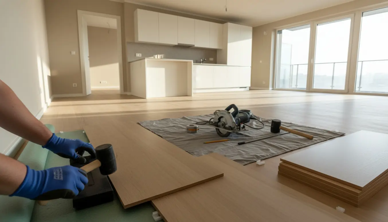 Halvlagt natur-eg laminatgulv i en tom lejlighed med værktøj og håndværkers hænder ved at slå en planke på plads.