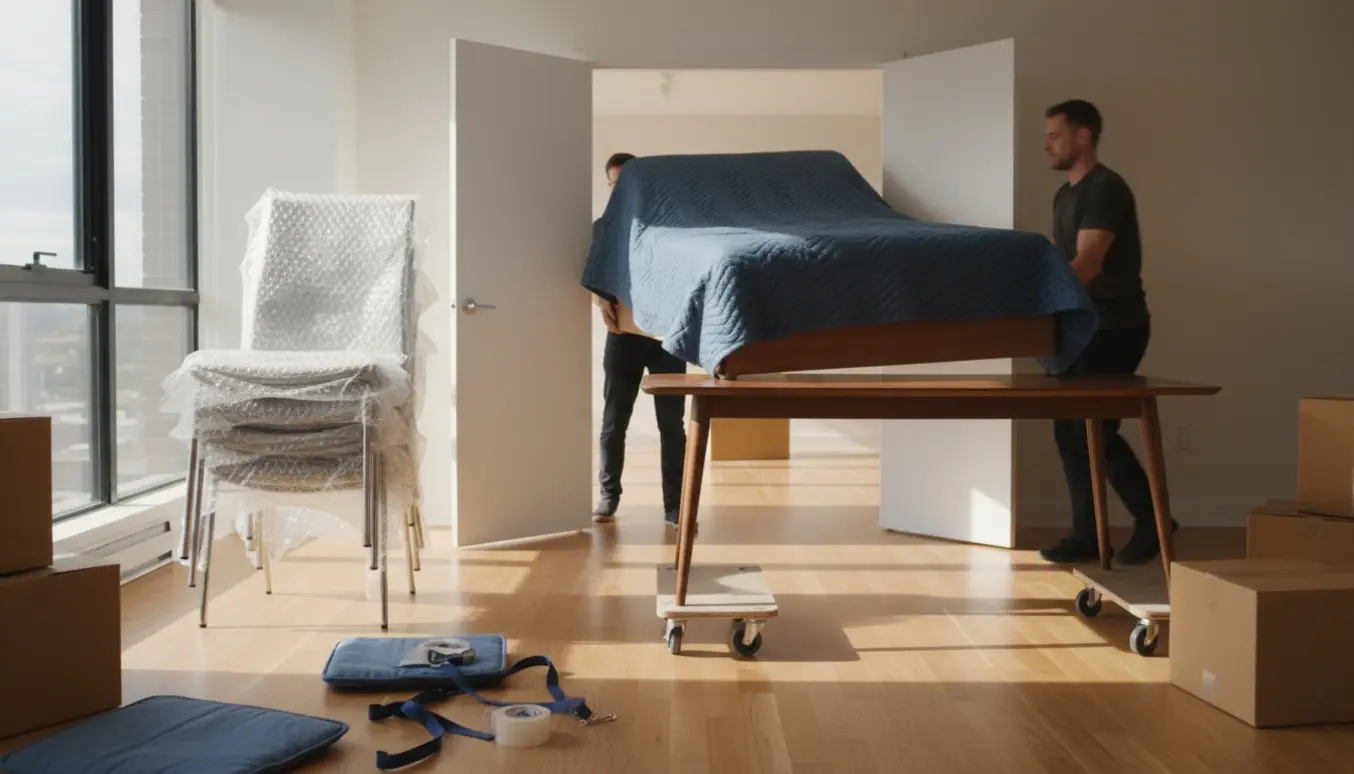 En seng, et spisebord og stole bæres og rulles gennem et lyst, moderne hjem uden tydelige ansigter.