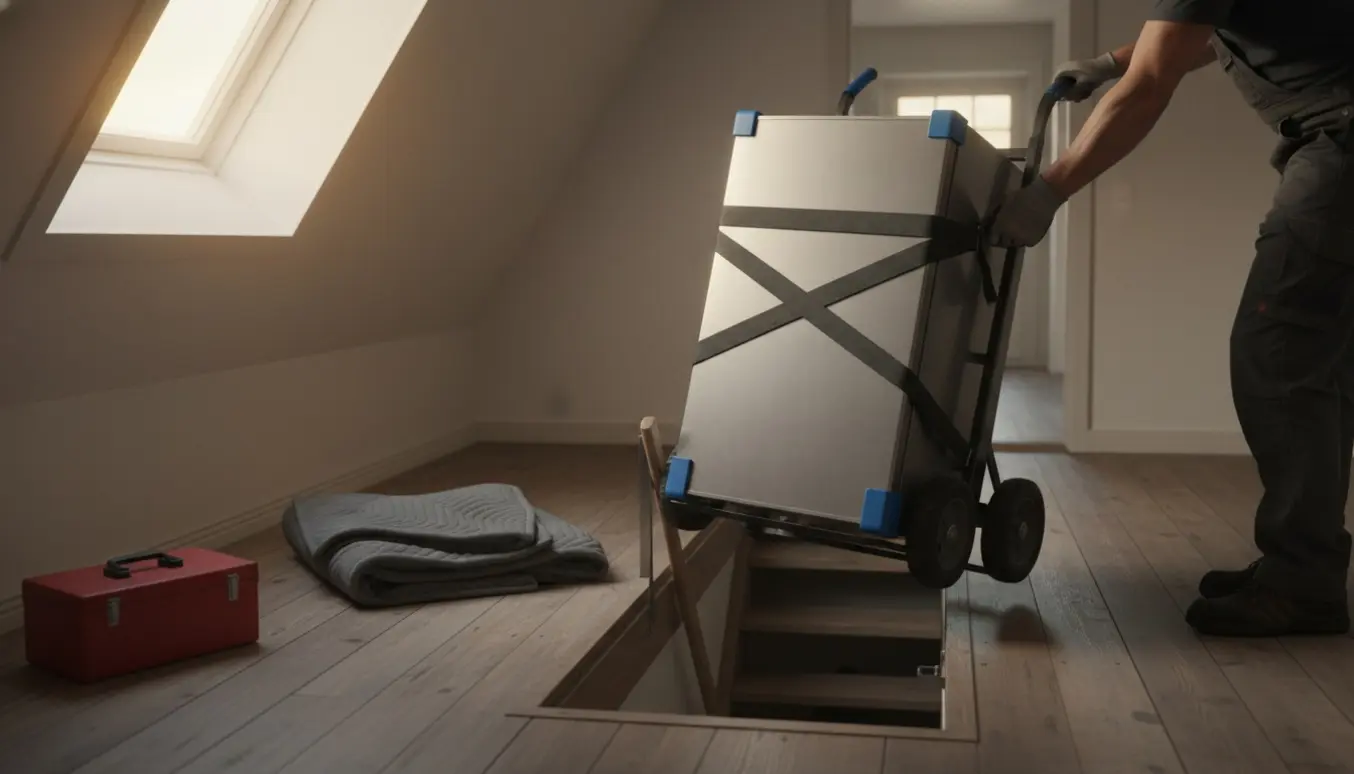 Et lille køleskab sikres på en trappevogn i et loftrum klar til nedbæring.