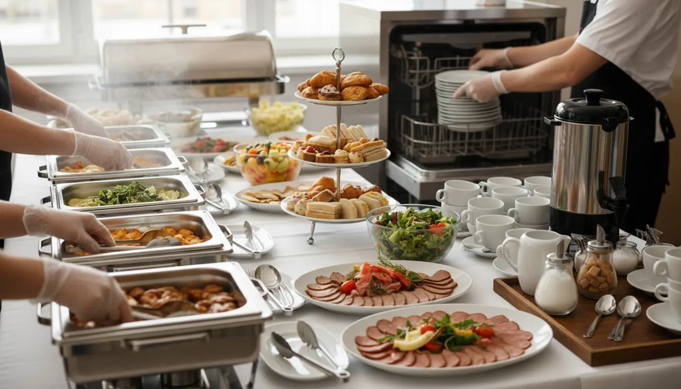 Klargøring af buffet til cirka 40 personer med anretning, opvask i industriel opvasker og opstilling af kaffebuffet.