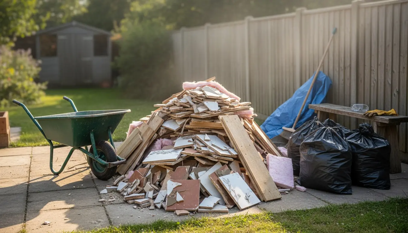 Bunke byggeaffald i baghaven med knuste klinker, gulvbrædder og pink Rockwool ved en trillebør.