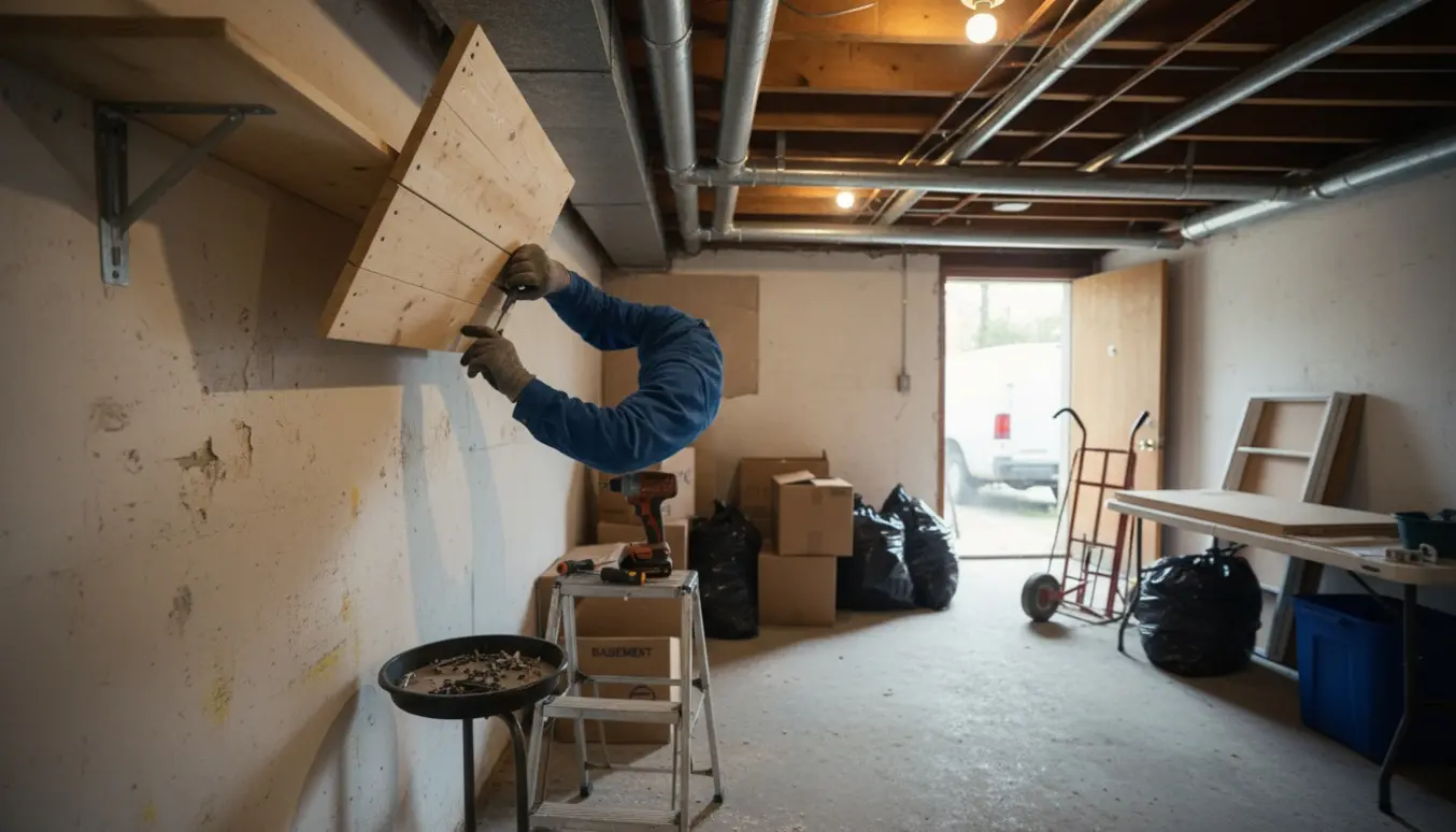 Hænder tager en vægmonteret reol ned i en kælder med værktøj, kasser og sække klar til bortskaffelse.