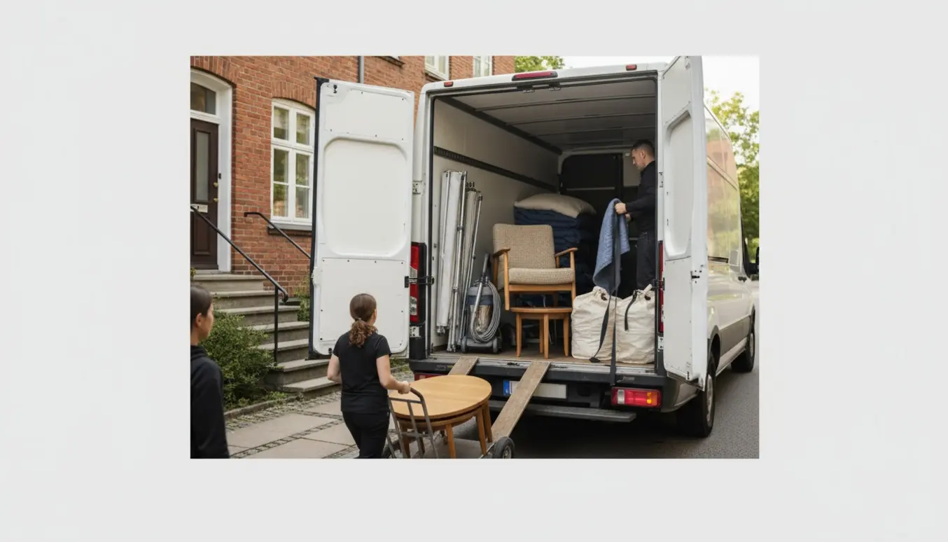 Flyttefolk læsser en armstol, fortelt, støvsuger og bordplader ind i en stor, hvid varevogn foran en dansk rødstensbolig.