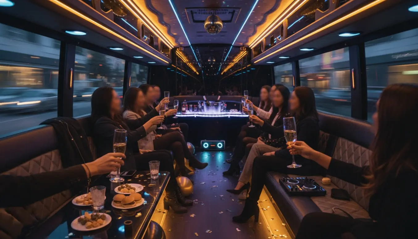 Partybussens interiør med gæster der skåler, varme lys og feststemning.