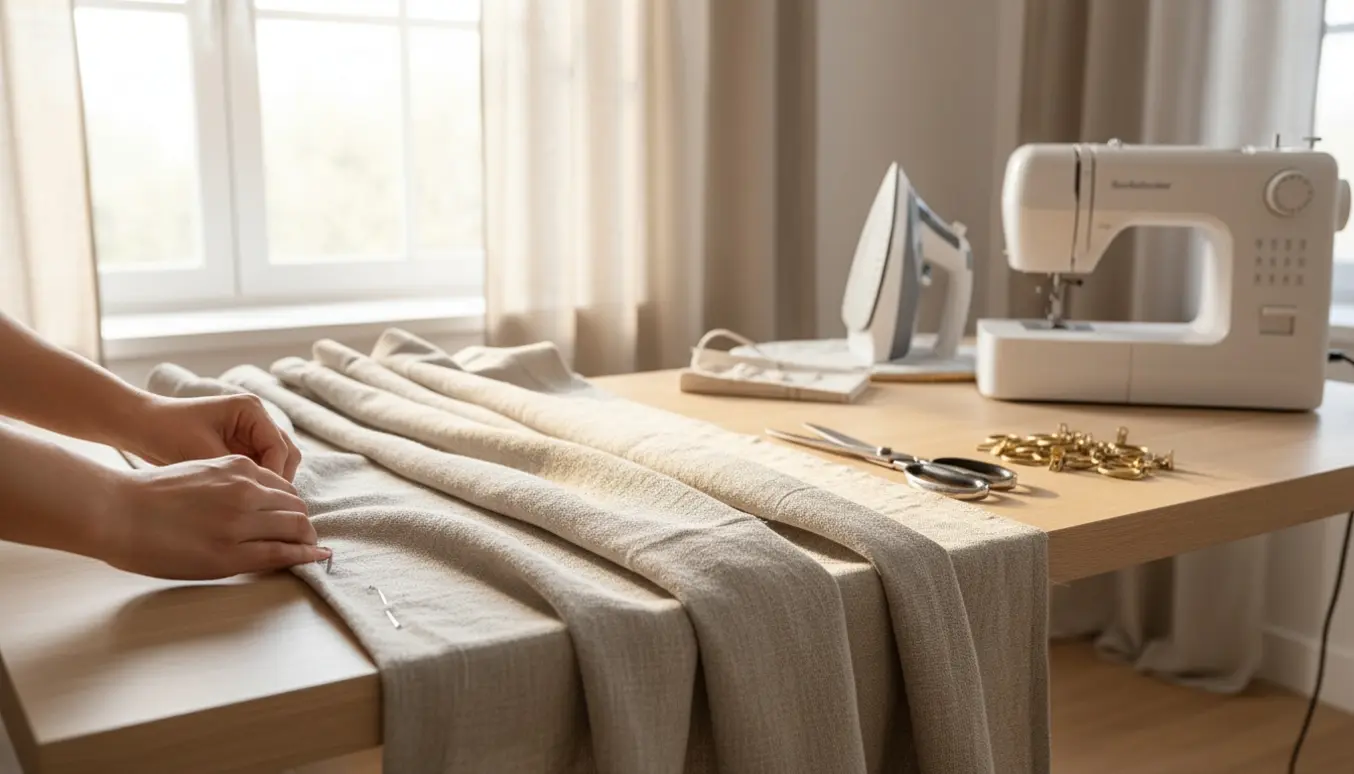 Flere gardiner måles og knappenåles til forkortning ved et solbelyst arbejdsbord.