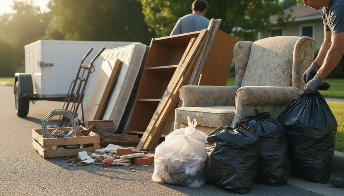 Kantstensopstilling med blandet affald — sække, møbler og byggematerialer klar til afhentning.