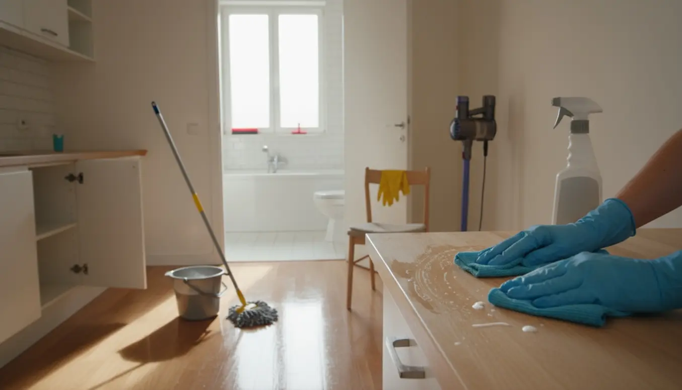 Hænder i gummihandsker tørrer en køkkenbordplade i en lys lejlighed med moppe, spand og et skinnende badeværelse i baggrunden.