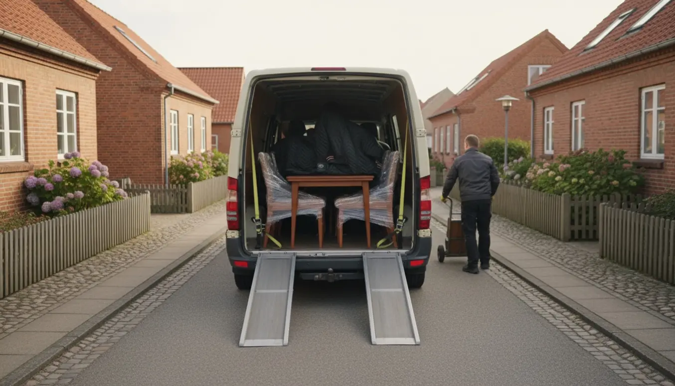 Et spisebord og stole pakket i flyttetæpper læsses ind i en varebil på en stille dansk vej.