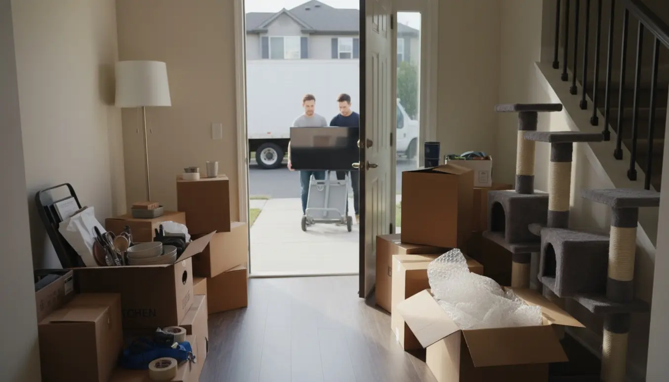 Flyttefolk bærer et TV og stabler flyttekasser ved en åben lejlighedsdør med kattekradsetræer ved siden af.