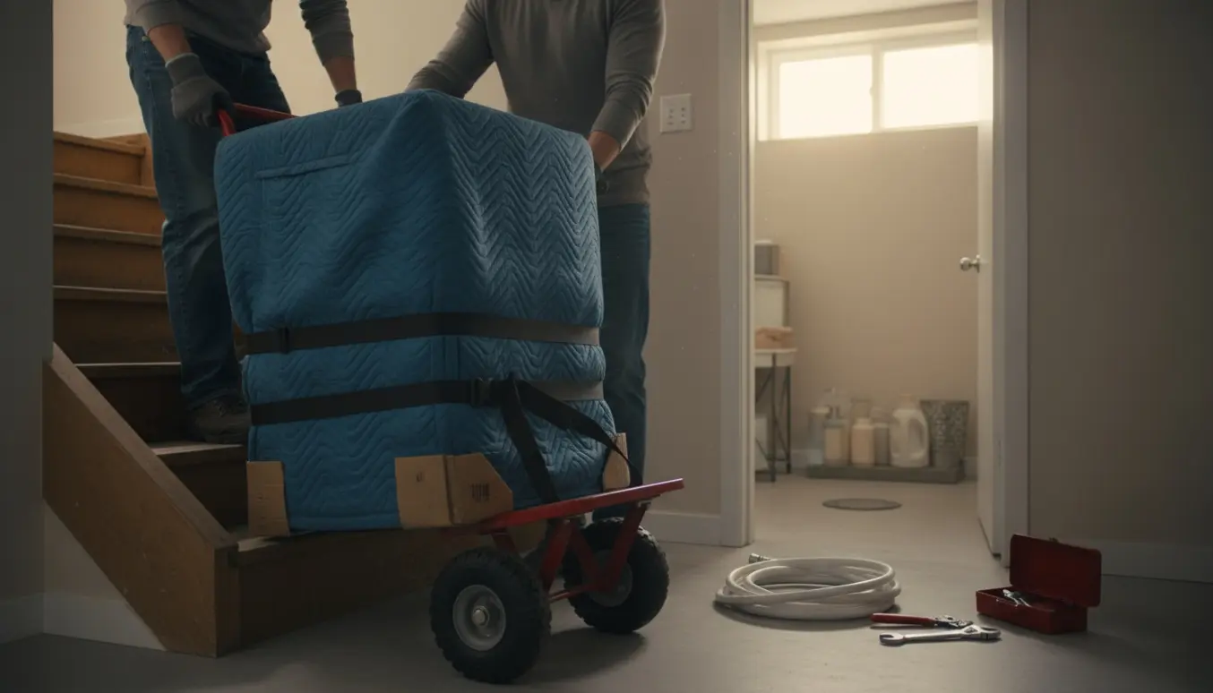 Vaskemaskine trækkes ned ad trappen til kælderen på en flyttevogn med handsker og flytteudstyr, ansigter ikke synlige.