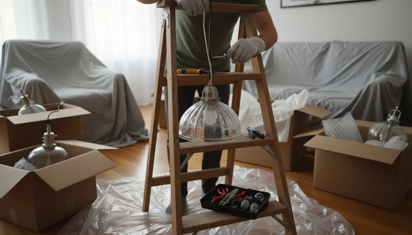 Hænder på en stige fjerner en loftlampe med værktøj under en flytning.
