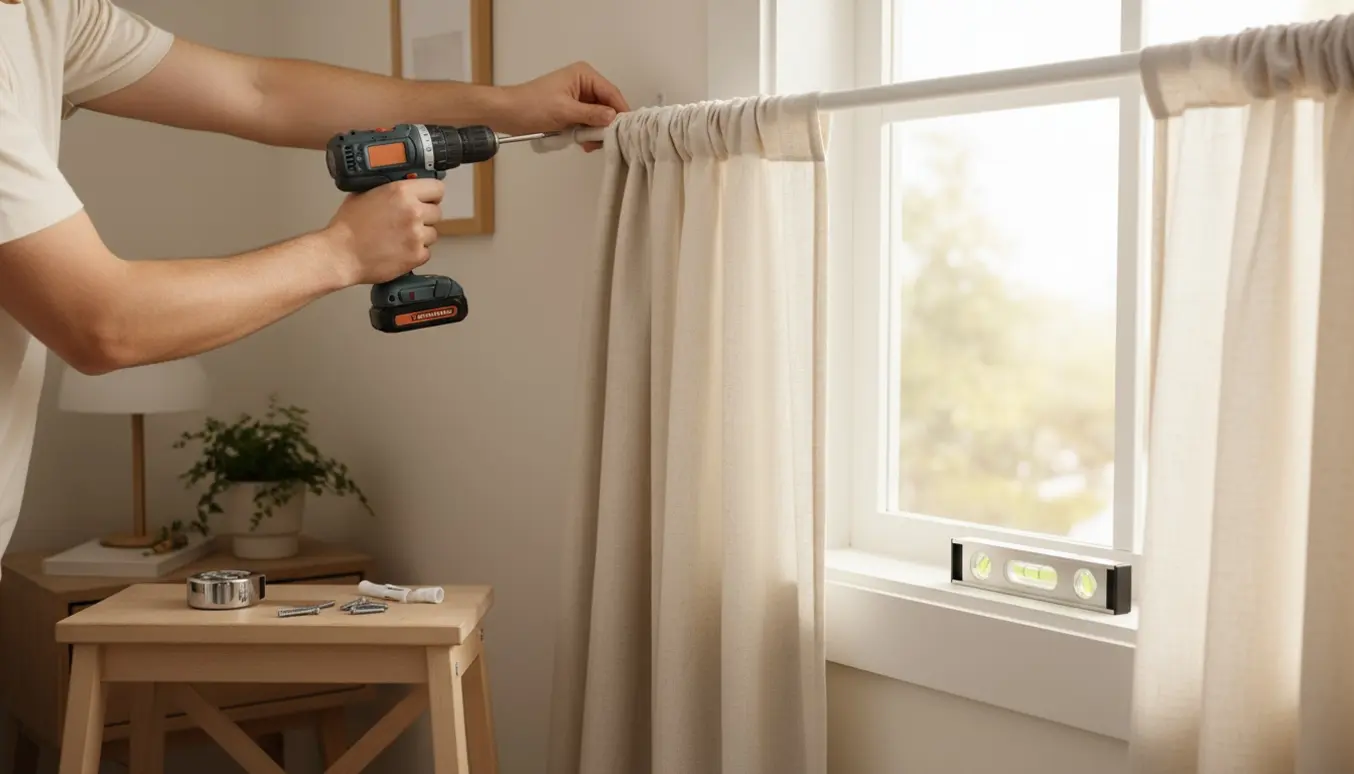 Hænder monterer en simpel hvid gardinstang og hænger lyse hørgardiner op foran et vindue i et lyst værelse.