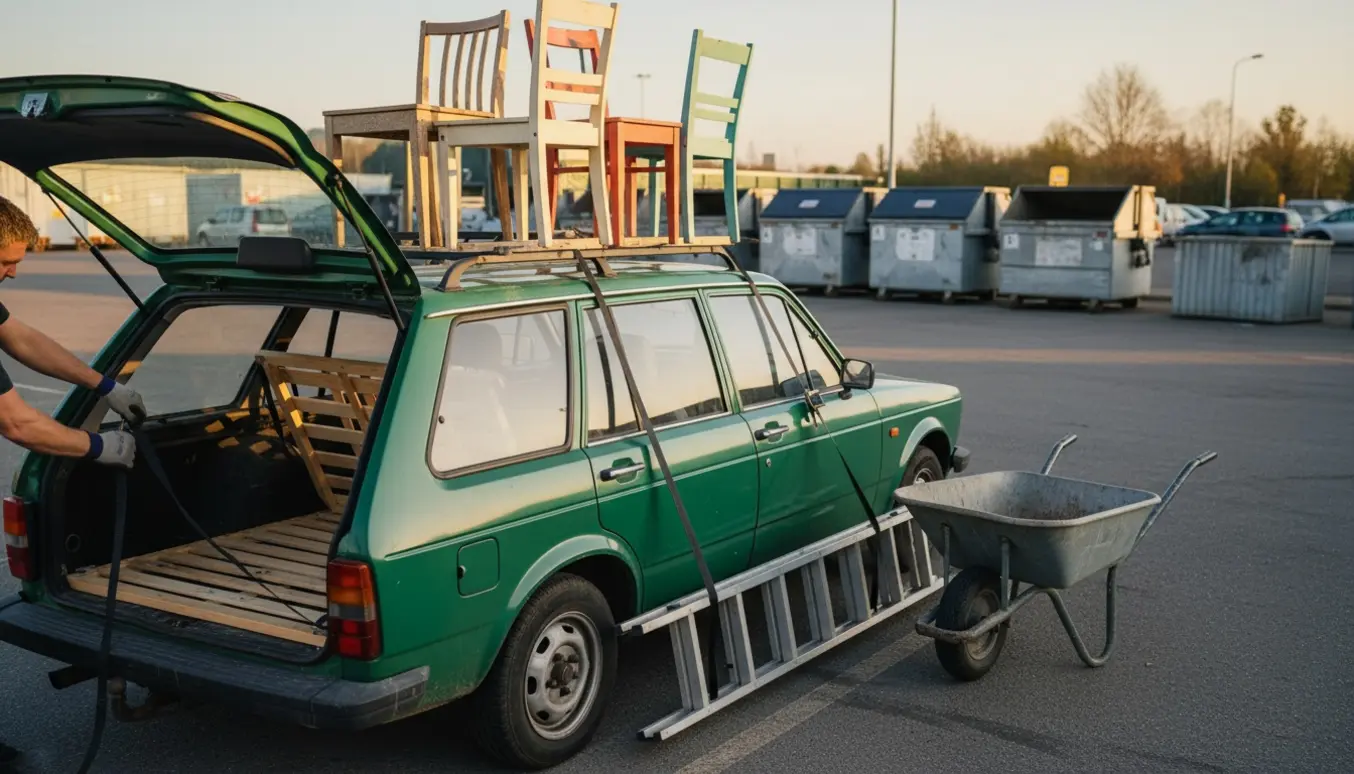 Bil ved afleveringsplads til genbrug med briks, stige, trillebør og tre køkkenstole læsset.