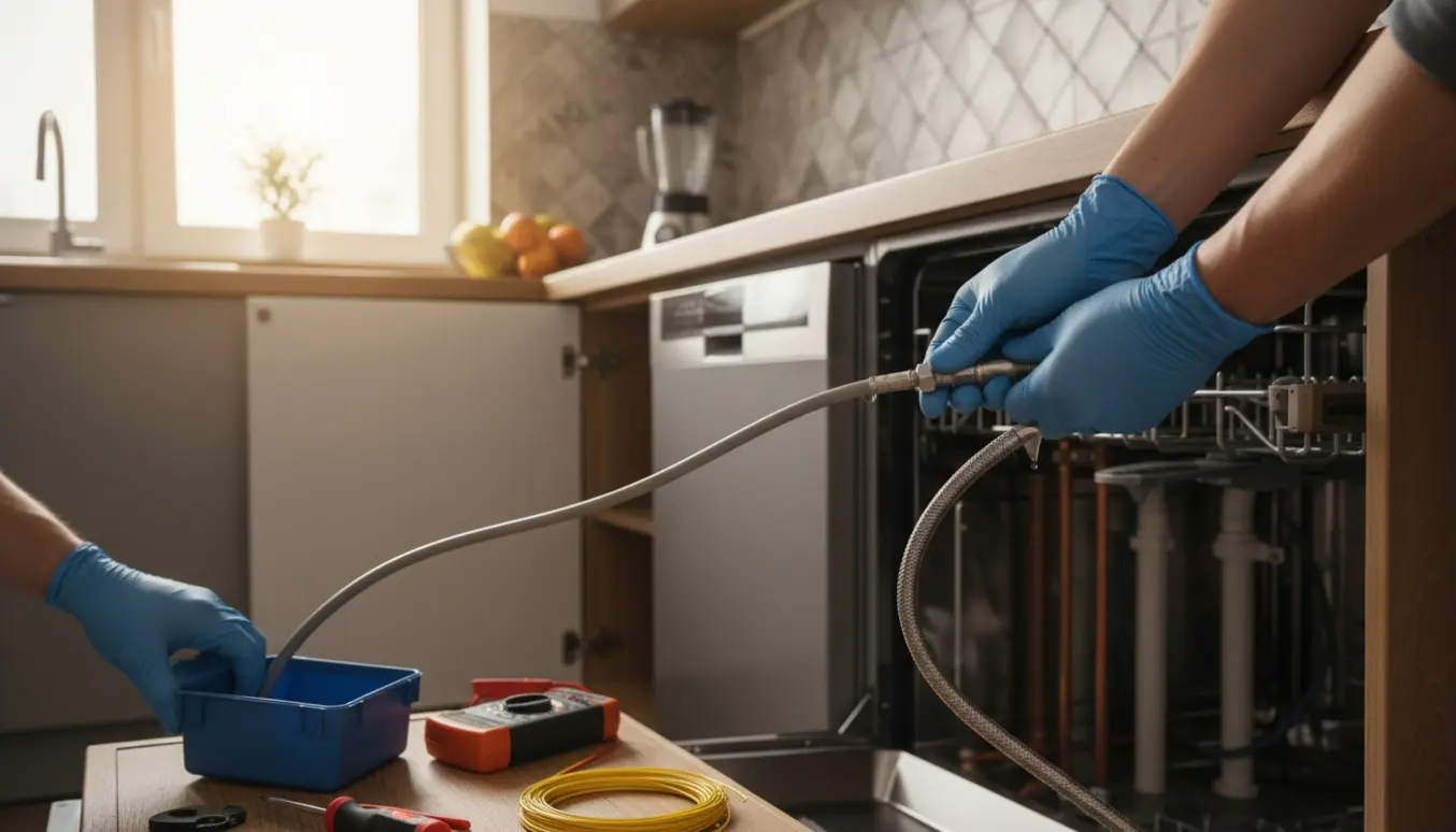 Nærbillede af hænder, der tilslutter el- og vandforbindelser til en opvaskemaskine under køkkenbordet.