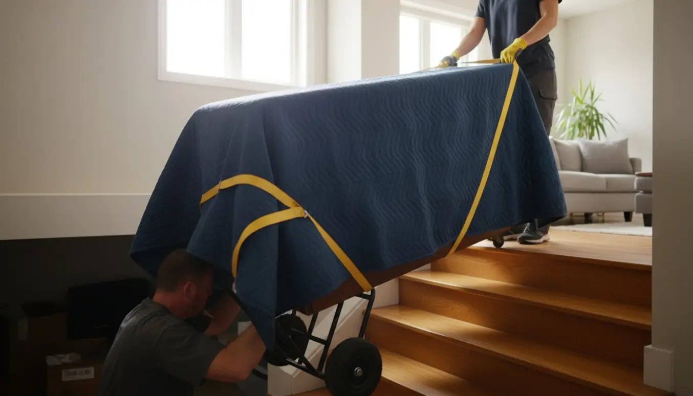 Et opretstående klaver pakket i flyttetæpper bæres forsigtigt op ad en kort trappe fra kælder til stue med flyttestropper og møbeldolly.