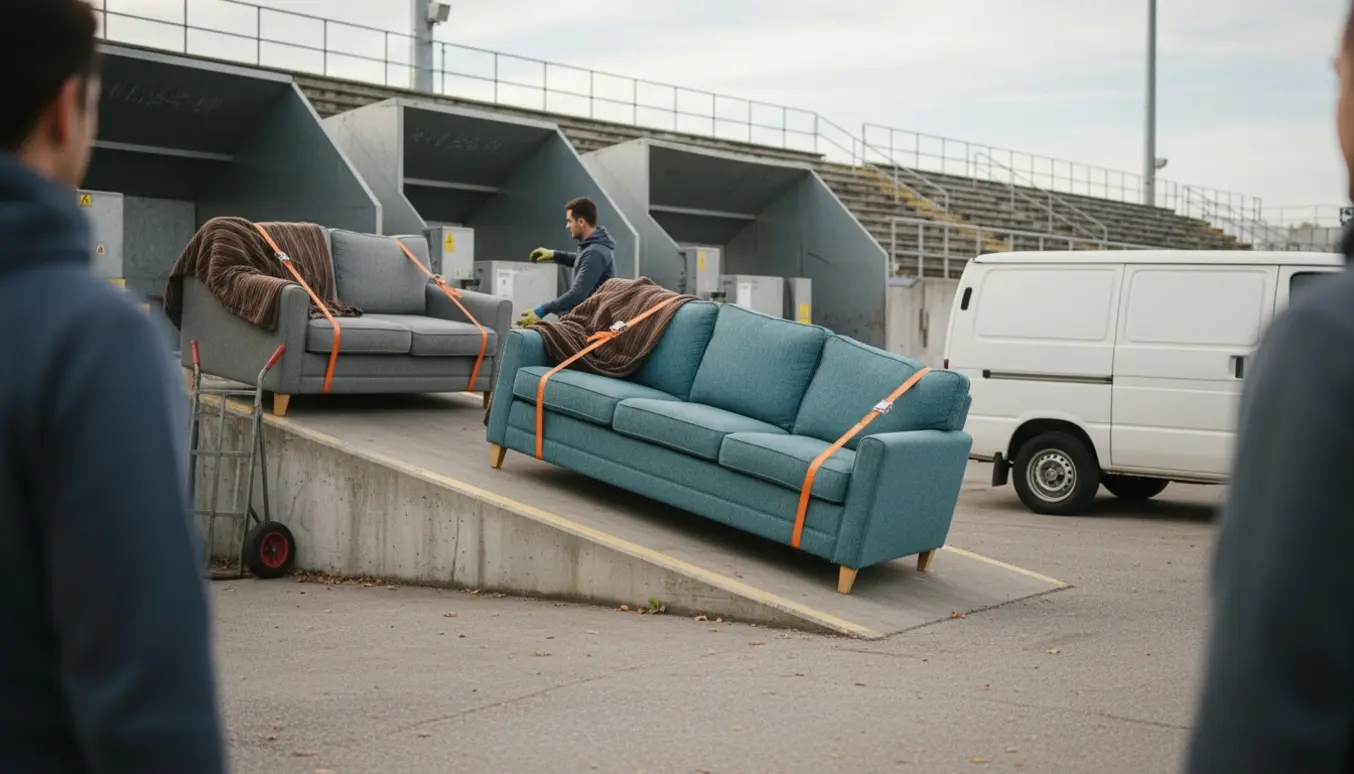 To sofaer bæres ind til afleveringsområdet ved en genbrugsstation under stadiontribuner.