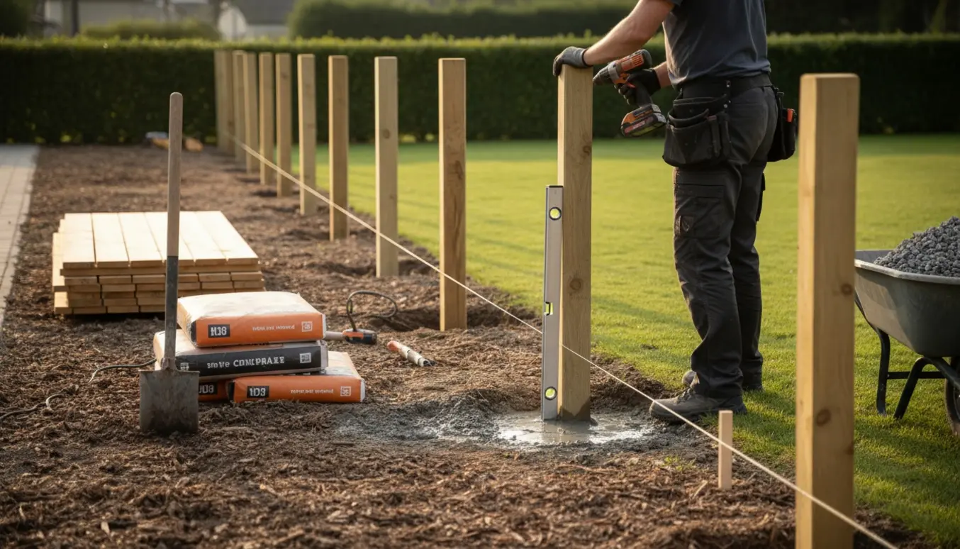 Nyt træhegn sættes op i en have med stolper, hegnsbrædder og værktøj synligt.