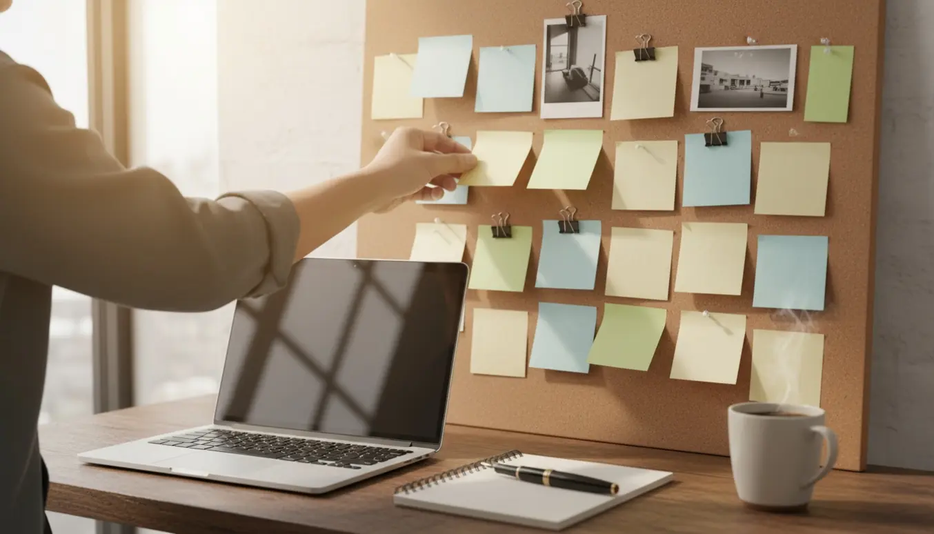 En hånd placererer en blank post-it på en opslagstavle over et ryddeligt skrivebord.