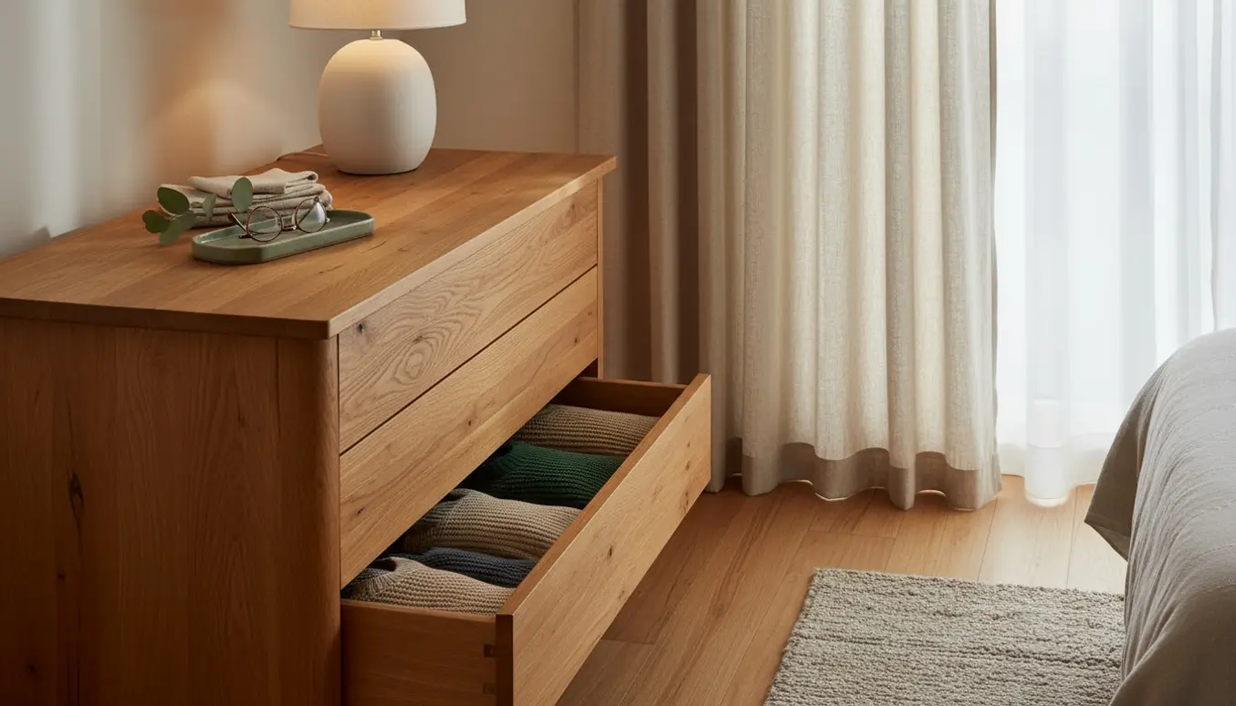 Et varmt, naturligt oplyst soveværelsehjørne med en kommode, en tændt lampe og bløde gardiner.