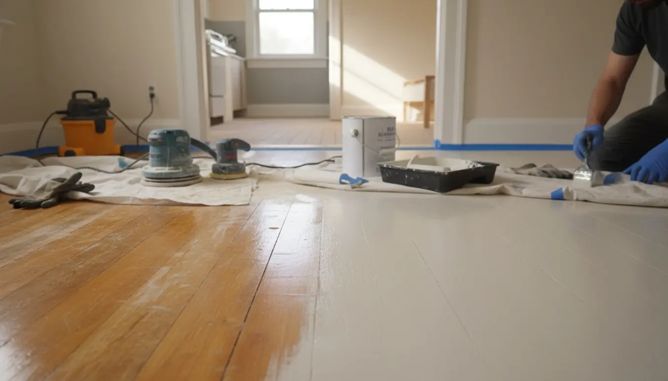 Nærbillede af maling af originalt trægulv i et gammelt hus med værktøj og en delvist malet gulvflade.