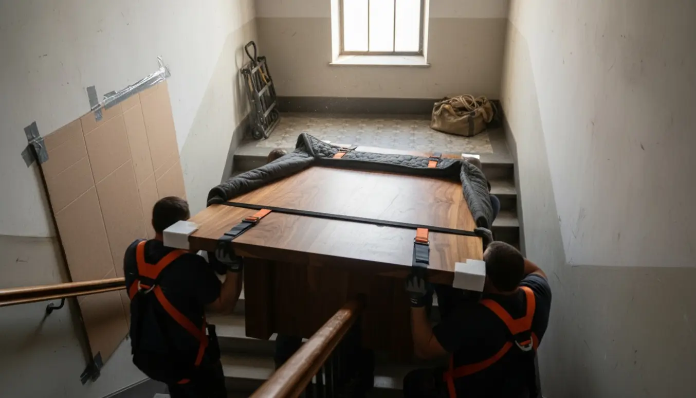 Tunge flyttemænd bærer et massivt træspisebord op ad en trappe i en høj boligblok.