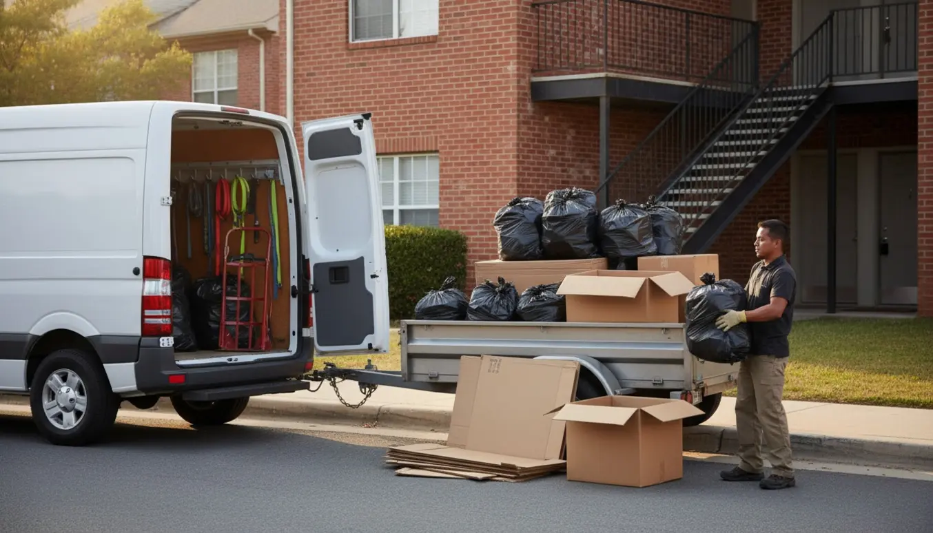 En varevogn med anhænger bliver læsset med sække, pap og to store kasser foran en opgang fra 2. sal.