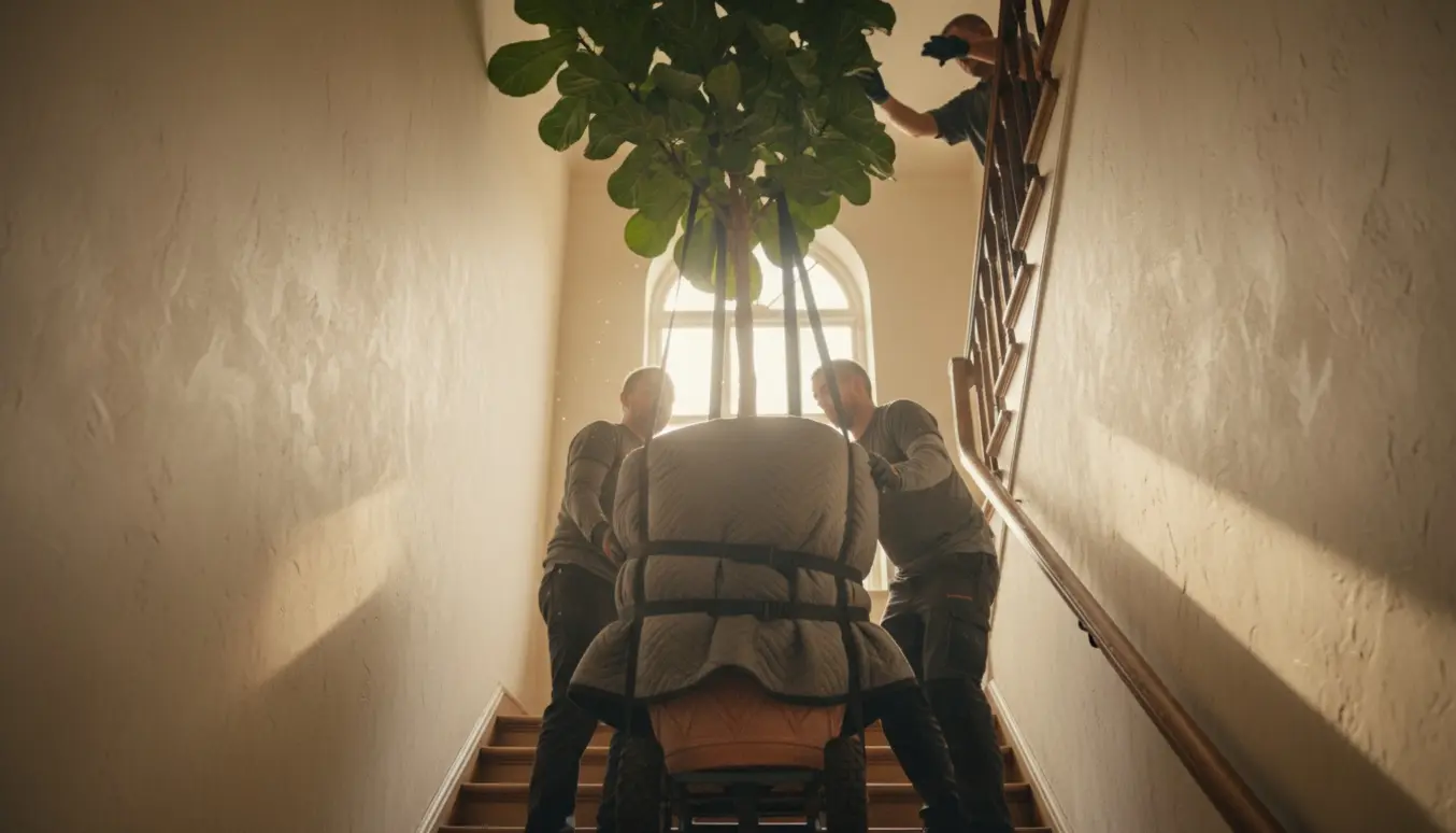 Et 2,5 m højt violinfignetræ bæres op ad en indendørs trappe mellem 2. og 4. sal, kun hænder og arme synlige.