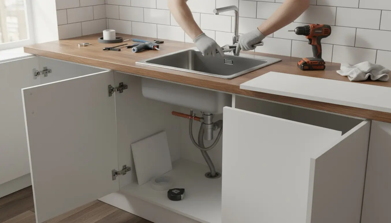 Udskiftning af køkkenbordplade med vask og armatur, værktøj og afmonteret skuffefront.