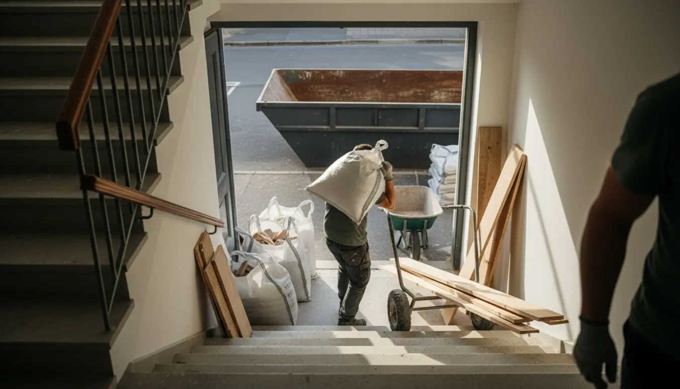 Nedbæring af fyldte byggeaffaldsposer og træbrædder fra tredje sal ned ad trappen til en container på gaden.
