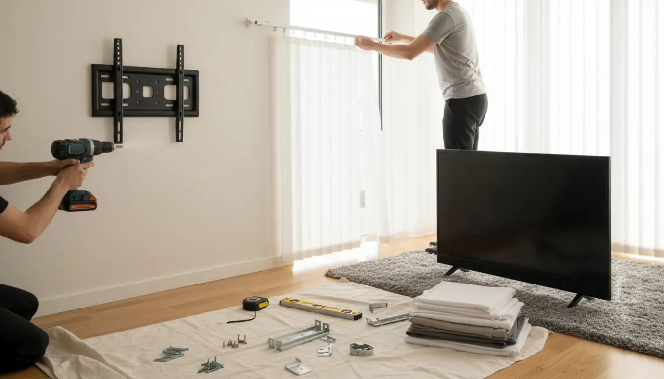 Nærbillede af hænder, der monterer gardinskinne og vægophæng til TV i en lys stue.