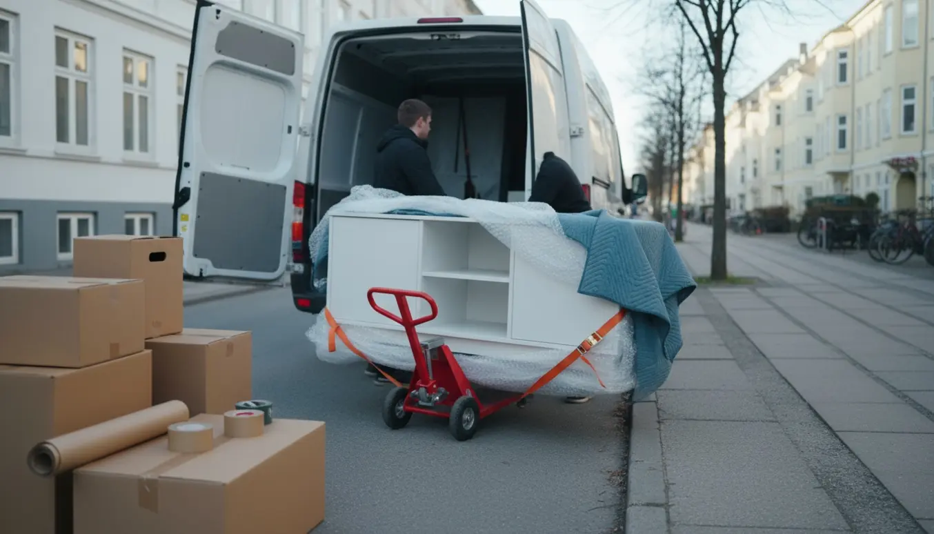 Et hvidt TV-møbel pakket i flyttetæpper ved bagenden af en varevogn på en københavnsk gade.