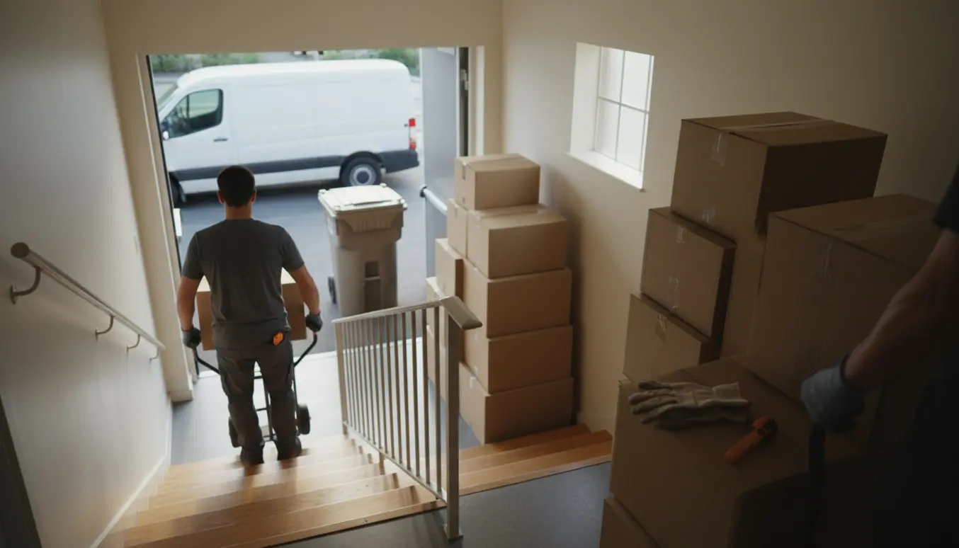 Flyttefolk bærer omkring 25 tomme flyttekasser ned ad en opgang for at læsse dem i en varevogn.