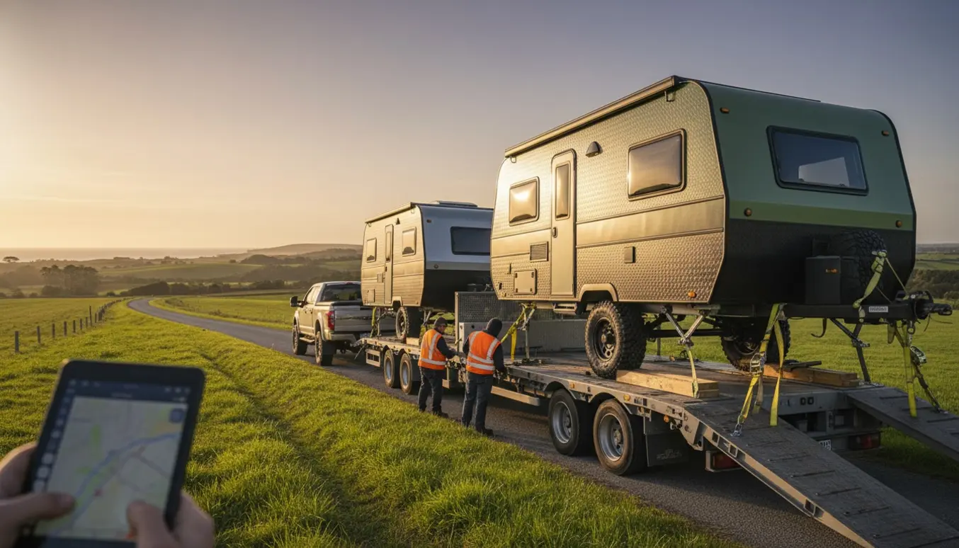 To campingvogne sikres på trailer ved landevej, klar til transport.