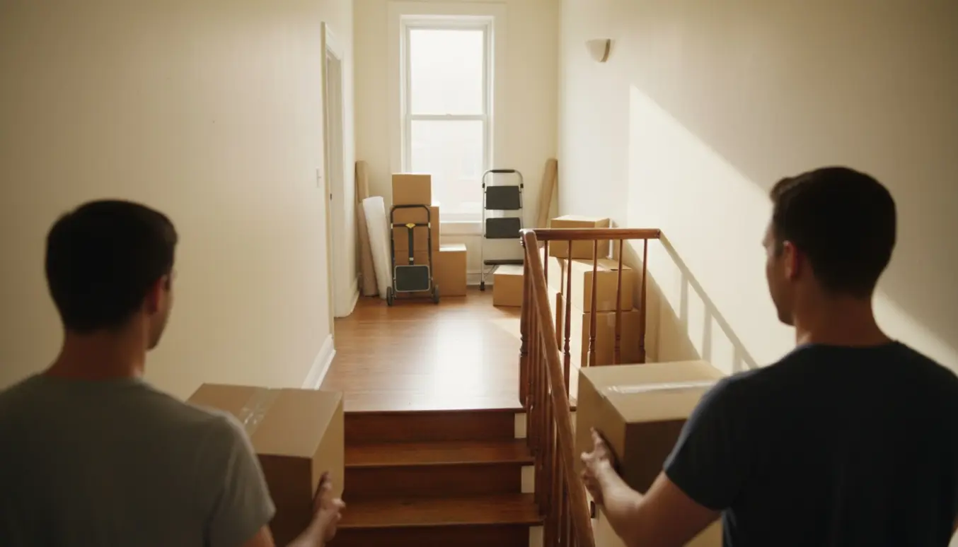 Små flyttekasser bæres ned ad en lys trappeopgang fra et åbent loftsrum, med hænder og stabler af kasser i fokus.