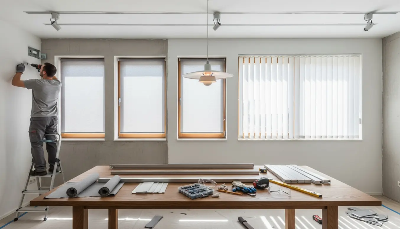 Montør monterer rullegardiner og lamelgardiner i en spisestue med værktøj og tilskårne gardiner på bordet.