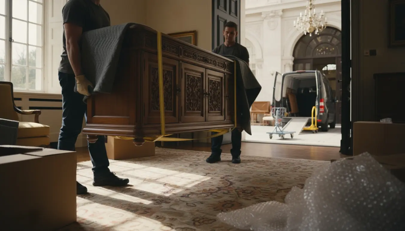 To flyttemænd bærer en tung træsænk ud af en privat stue mod et auktionshus, dækket af flyttetæpper.