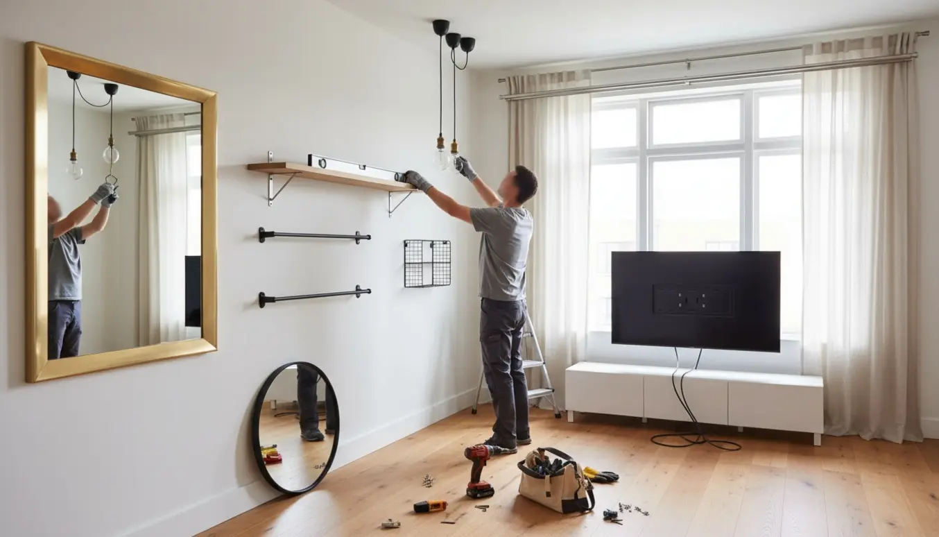 Værktøj og hænder under ophængning af spejle, hylde, knagerækker, gardinstænger, metalreol, tv og loftslamper i en lys stue.