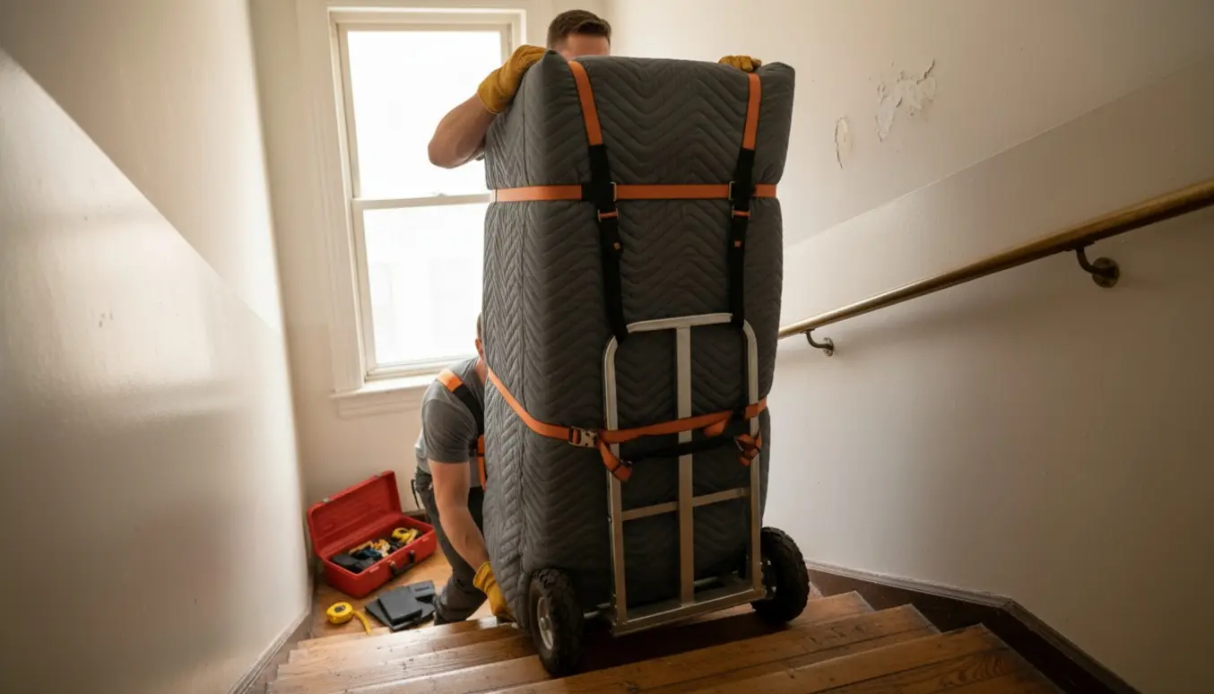 Et kølefryseskab pakket i flyttetæpper løftes op ad en trappe af to flyttefolk, ansigter ikke synlige.